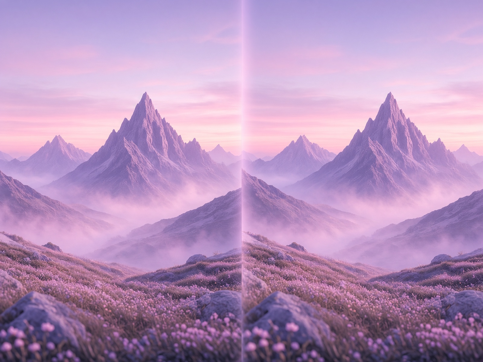 A side-by-side stereo frame of a violet mountain landscape merging into one 3D view