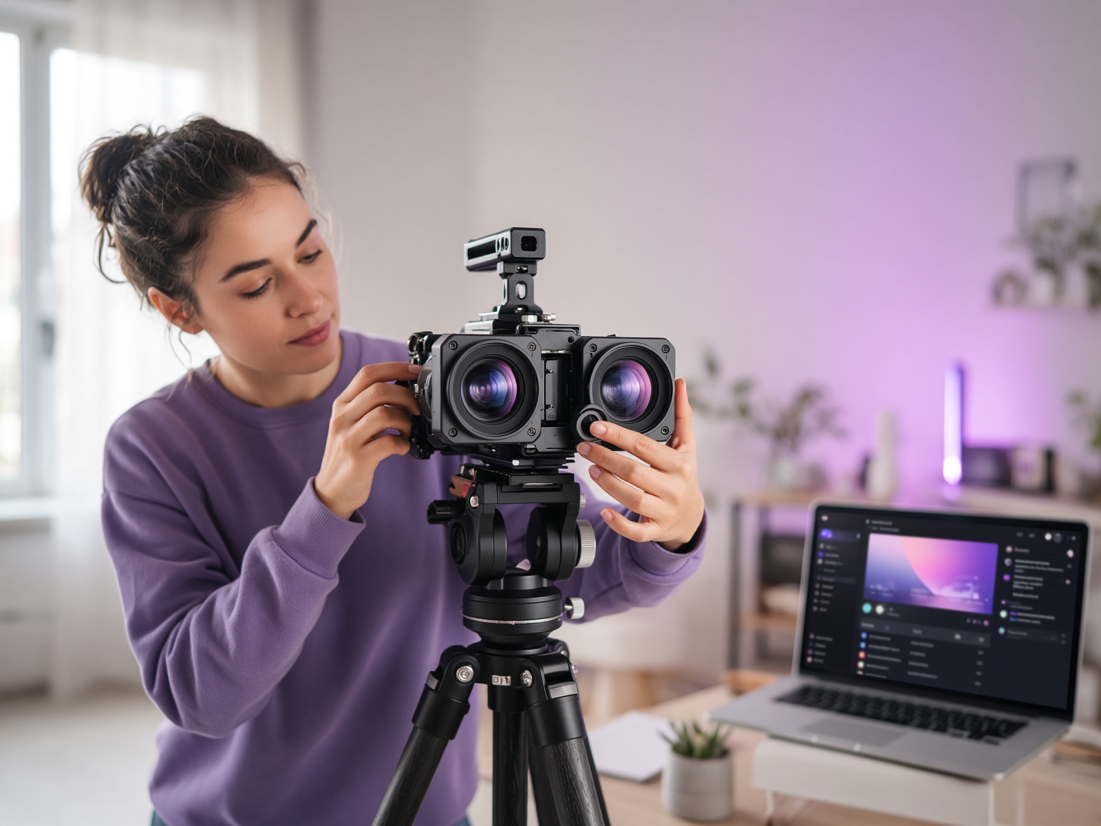 A creator adjusting a stereoscopic VR camera rig on a tripod in a bright studio
